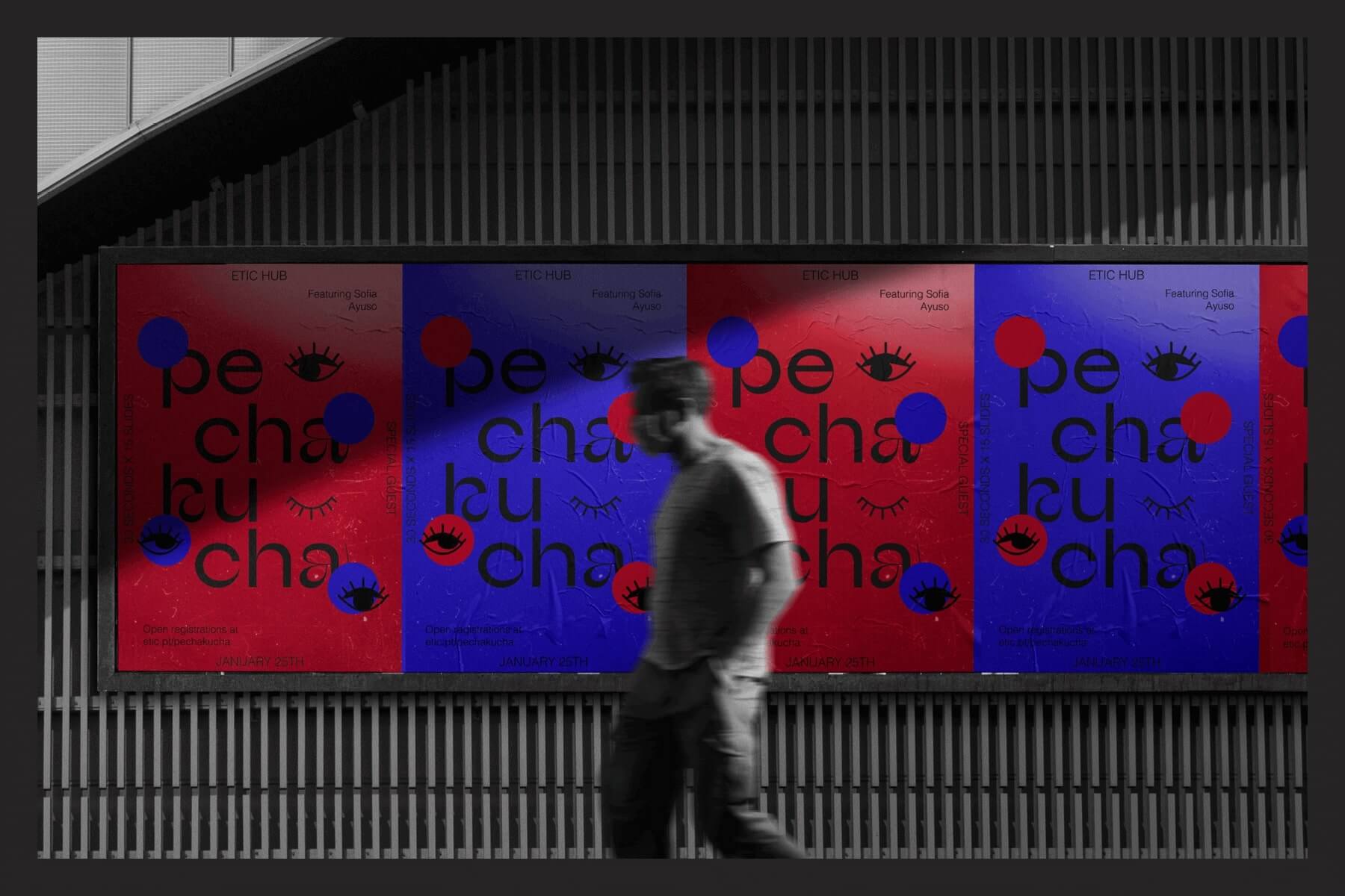 mockup de 4 cartazes, 2 vermelhos 2 azuis. 
                                    Apresenta um texto -Pechakucha- que ocupa grande 
                                    parte do cartaz e também apresenta uns símbolos representativos
                                    deste mesmo projeto.