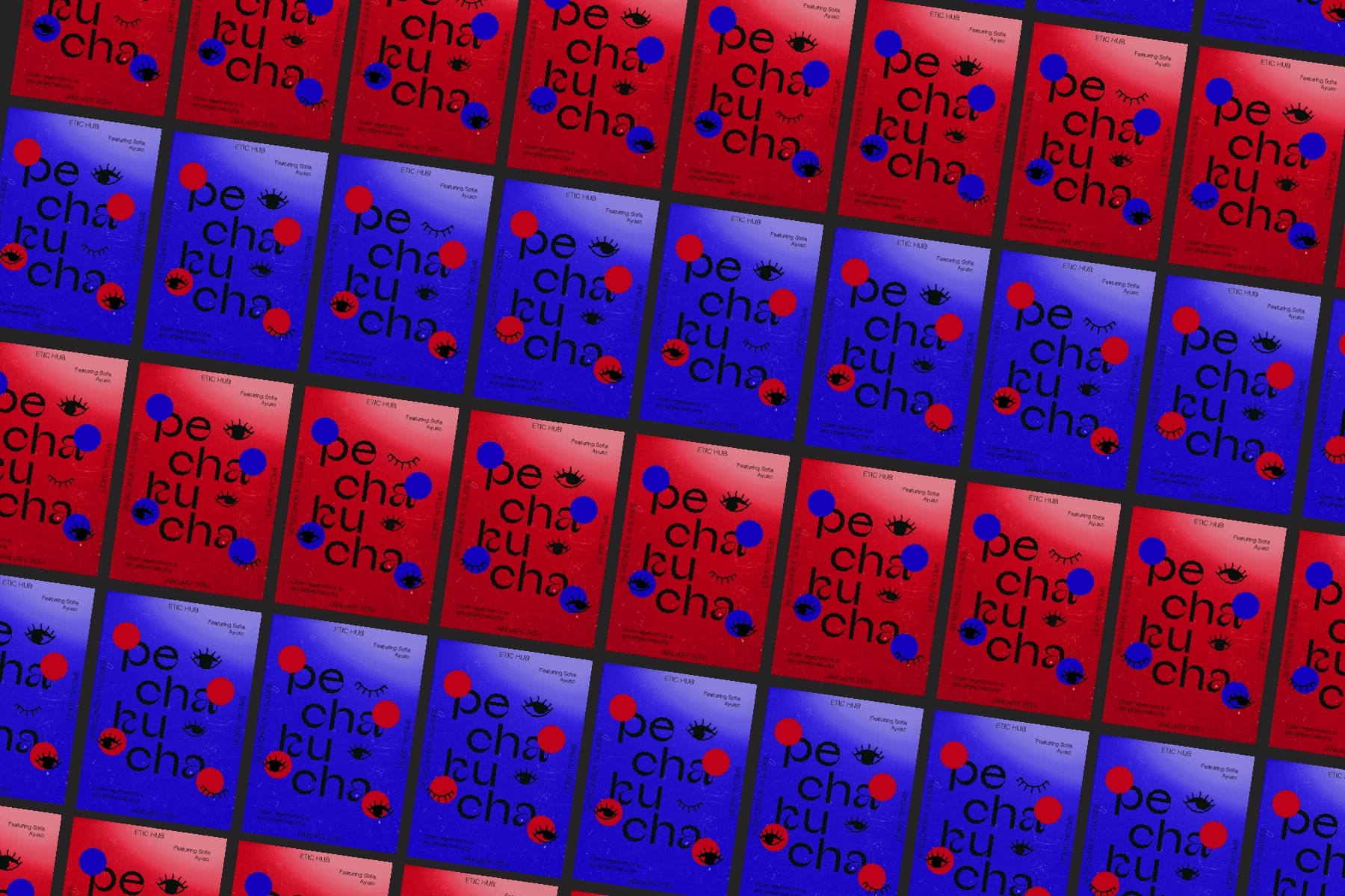 mockup de 4 cartazes, 2 vermelhos 2 azuis. 
                                Apresenta um texto -Pechakucha- que ocupa grande 
                                parte do cartaz e também apresenta uns símbolos representativos
                                deste mesmo projeto.